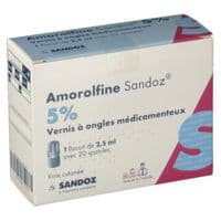 Amorolfine Sandoz 5 % V Ongles Médicamenteux Fl/2,5Ml+20Spatulesamorolfine - 1 Flacon(S) en Verre (Type Iii) de 2,5 Ml Avec 20 Spatule(S)