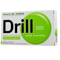 Drill Sans Sucre Anis Menthe, Pastille Édulcorée à l'Isomalt et à l'Acésulfame de Potassiumchlorhexidine + Tétracaïne