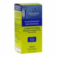 Carbocisteine Biogaran Conseil 5 pour Cent Sans Sucre, Solution Buvable en Flacon Édulcorée à la Saccharine Sodiquecarbocistéine